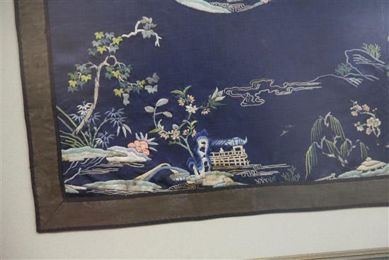 A Chinese embroidered silk panel, late Qing dynasty, 52 x 82cm, framed and glazed